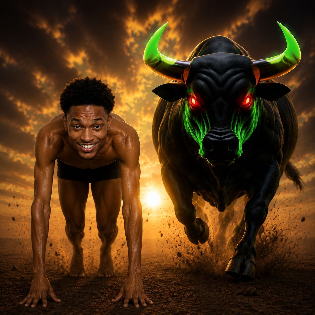 Shorty charging forward beside a neon-horned bull